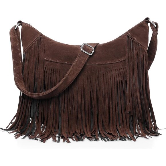 Handbags - Vintage-Inspired Suede Crossbody Bag with Tassels - Ideal for Hippie Chic Style